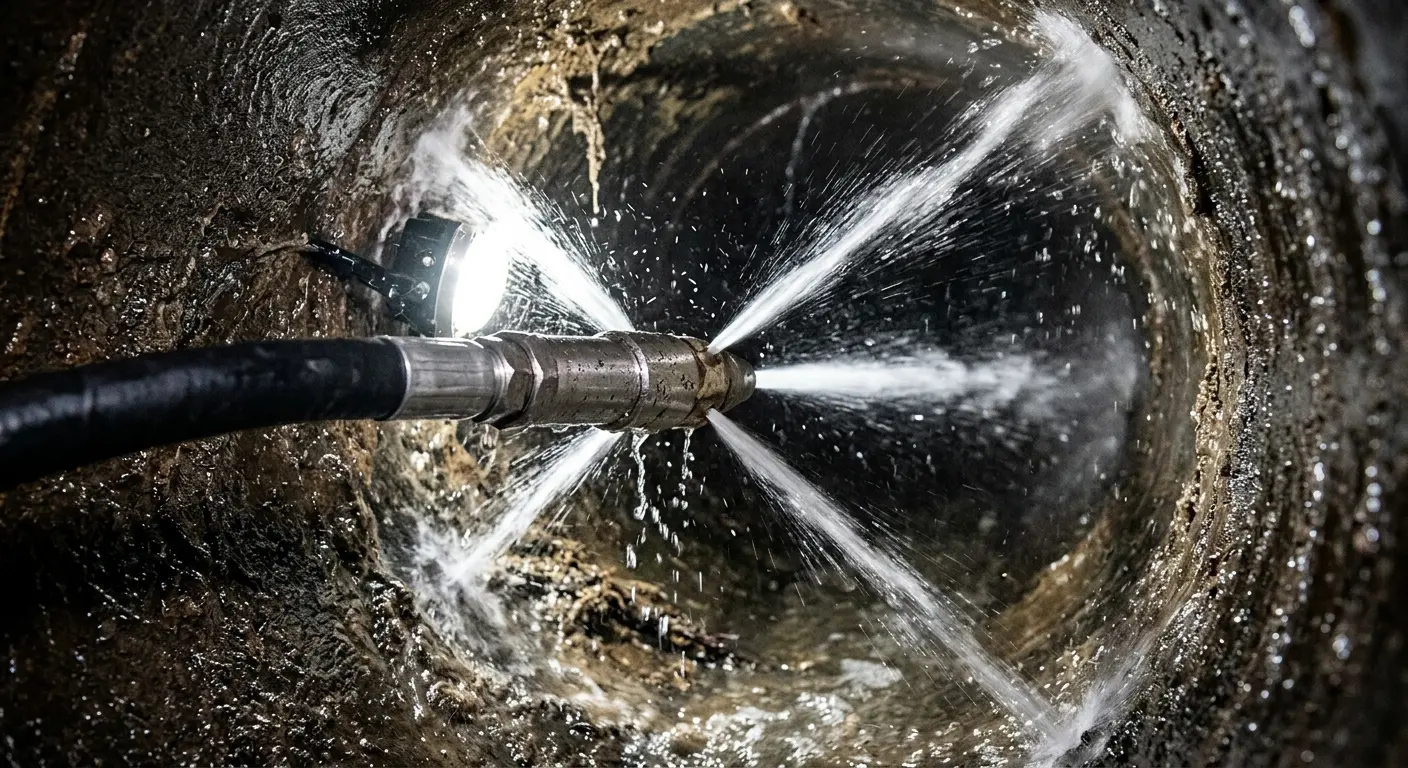 High-pressure hydro jetting nozzle cleaning sewer pipe for Emergency Drain Service in Alexander City