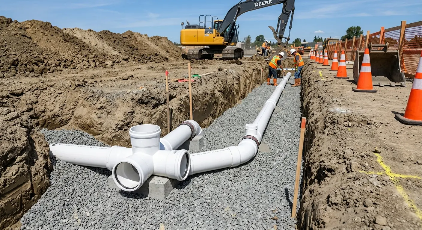 New PVC sewer pipe installation in open trench for Grease Trap Cleaning in Alexander City