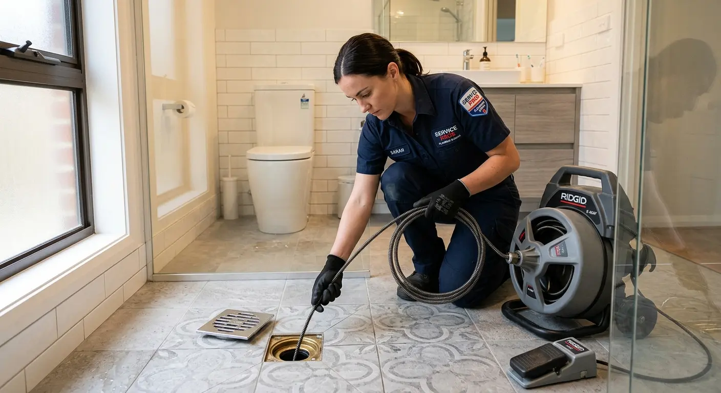 Technician clearing a bathroom floor drain for Hydro Jetting in Alexander City